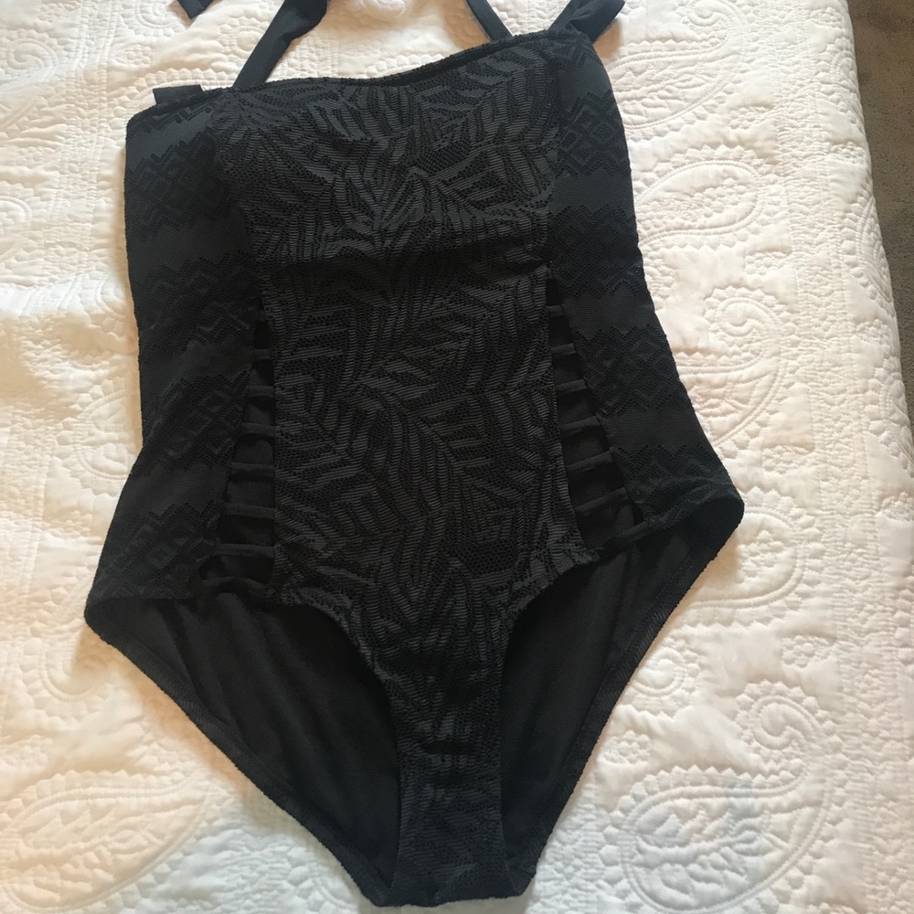 Jessica Simpson black crochet one piece swim suit
